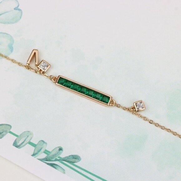 "Emerald Green Bar Charm Rose Gold Bracelet with CZ Accents, XPBL0806 - Picture 3 of 11